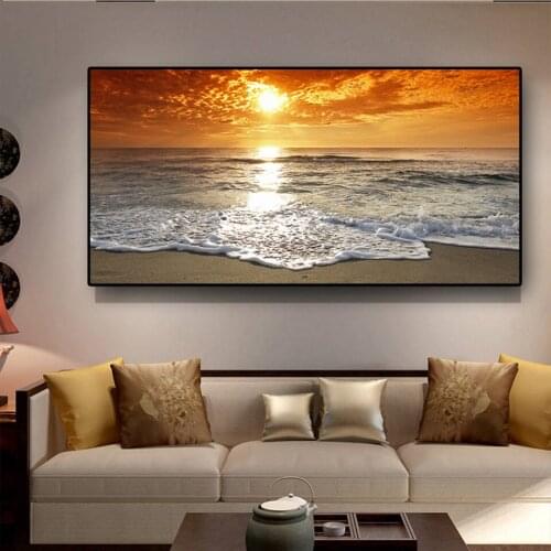 Large Gold Sunsets Natural Sea Beach Landscape 5d diamond painting Diamond Embroidery full square round drill wall decor