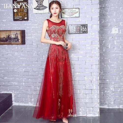 BANVASAC 2018 O Neck Sequined Embroidery A Line Long Evening Dresses Elegant Party Lace Tank Open Back Prom Gowns