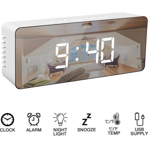 LED Mirror Alarm Clock Wake Up Light Digital Snooze Table Clock Electronic Time Temperature Display Home Decoration Night Light