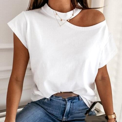 Solid Color T shirt Women Sexy One Shoulder Short Sleeve Tshirt for women Mock Neck Halter Top femme t-shirts Camisetas Mujer