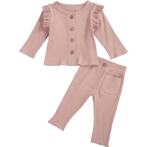 Baby Girl’s Long-sleeved Trousers Suit Fresh Solid Color Single-breasted Cardigan and Elastic Long Pants with Pocket 0-24M