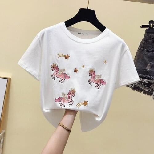 Korean summer O neck embroidery pony Short Sleeves T Shirt Top Female Tshirt Loose Women Fashion Graphic T-Shirt y2k aesthetic