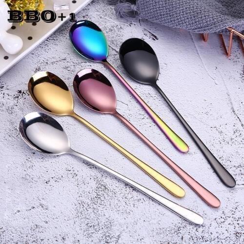 5pcs Stainless Steel Coffee Spoon Korean Long Handle Metal Spoons Dessert Fruit Juice Mixing Serving Scoop Kitchen Tableware