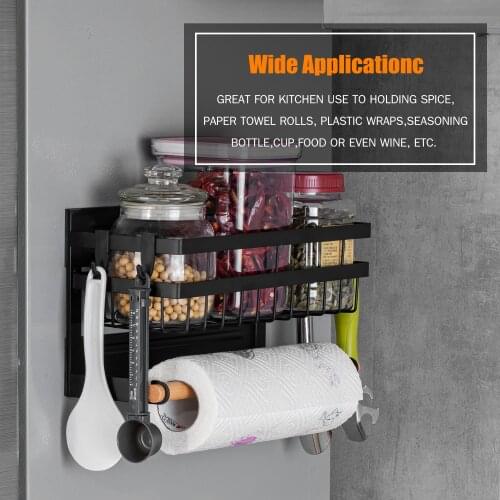 Magnetic Spice Rack for Refrigerator with Hook Paper Towel Holder Rustproof Spice Jars Rack Multi Use Refrigerator Side Shelf