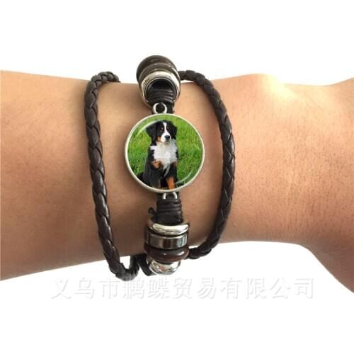 Trendy Black/Brown Leather Bracelet Pug In A Tea Cup Dog Glass Cabochon Weave Multi-layer Weave Bangle Women Men Jewelry