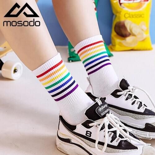 Mosodo Womens Rainbow Socks Breathable Sweat Absorption Casual Striped Cotton Women Socks Girl Sports Socks