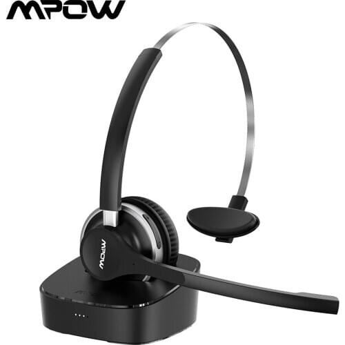 Mpow HC3 Pro Bluetooth 5.0 Headset with Dual Noise Canceling Microphone Charging Base Wireless Headphone for Cell Phone PC Skype