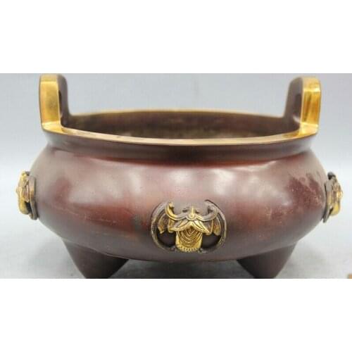 Song voge gem S2120 10" Marked Chinese Folk Purple Bronze Gold 3 Foot Fu Bat Incense Burner Censer