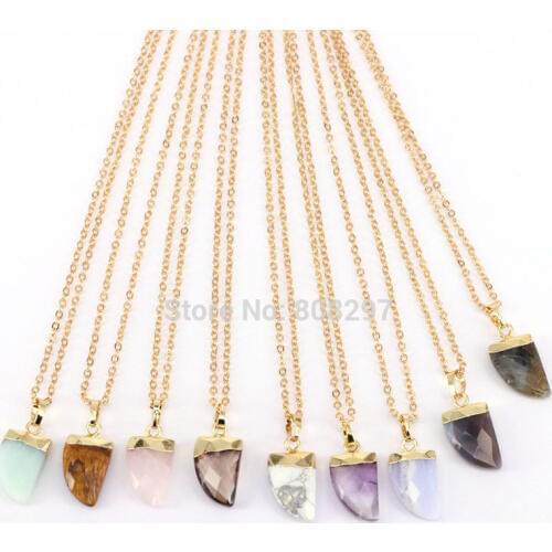 6Pcs Gold Colors Plated Assorted Nature Stones horn pendant with chain necklaces