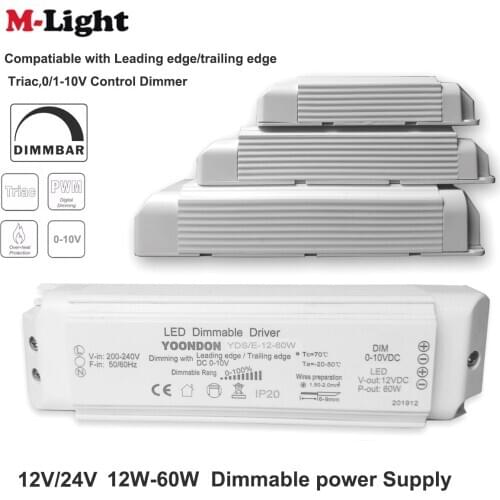 AC 220V to DC 12V/24V Dimmable LED Driver DC12V/24V 20W 40W 60W Triac & 0-10V Dimming 2in1 Power Supply Lighting Transformer