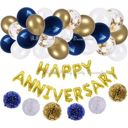 Happy Anniversary Letter Foil Balloons Navy Blue and Gold Balloon Garland Kit Wedding Anniversary LOVE Theme Birthday Air Globos