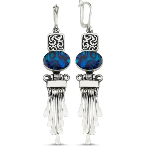 Silver 925 Sterling Abalonlu Dangle Hand Handwork Earrings