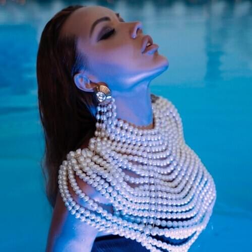 Handmade Pearl Shawl Sexy Bling Chic Chain Bustier Layered Necklace Dripping In Backless White Pearls Beaded Crop Top
