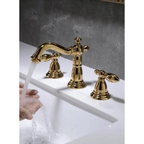 Free ship Gold Pvd clour 3 pieces Widespread Lavatory sink Faucet basin mixer tap deck mounted double lever handles