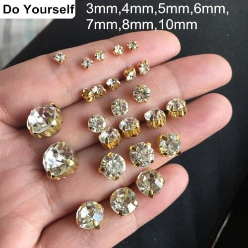 Glass Claw Sew on Beads For Clothing Decoration,Gold Metal Cup Crystal Clear Faceted Glass Beads,3mm,4mm,5mm,6mm,7mm,8mm,10mm