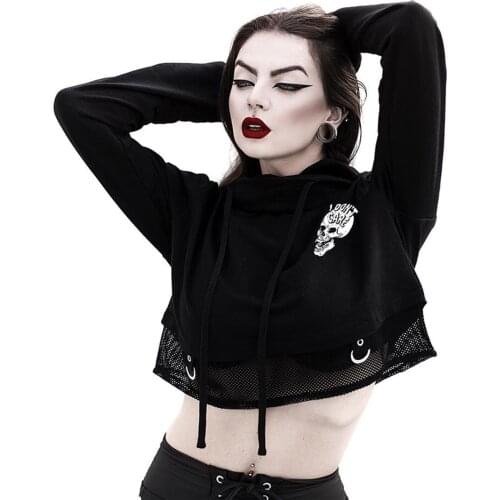 Drawstring Hoodie Jacket Gothic Skull Punk Coat Long Sleeve T-Shirt Fishnet Patchwork Y2K Fashion Streetwear Loose Sweatshirt