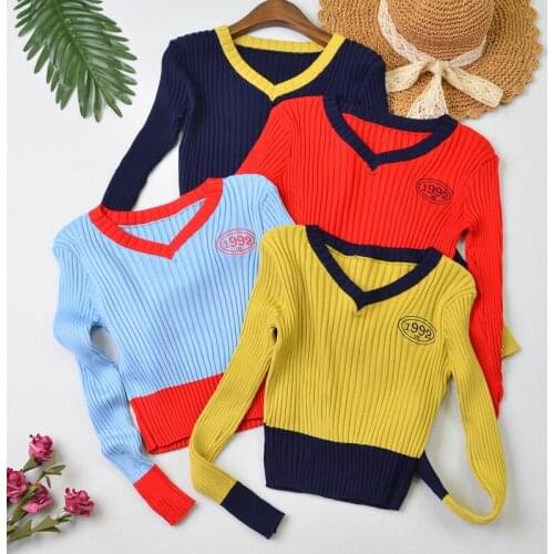 Colorblock Knitted Sweater Crop Top Women Clothing Tee 2021 Autumn Korean Fashion Long Sleeve V Neck Streetwear Thin T-Shirt