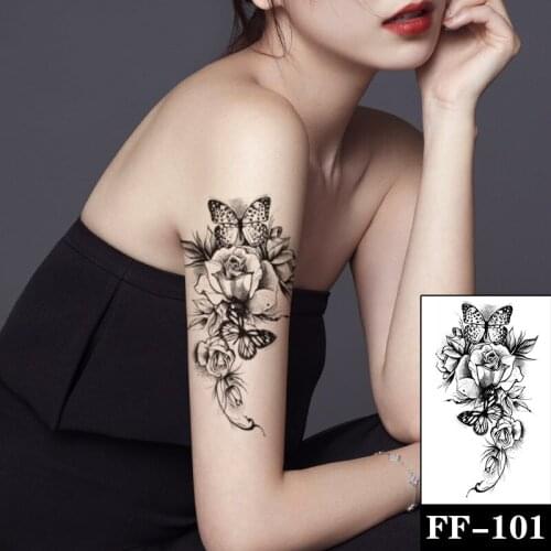 Waterproof Temporary Tattoo Sticker Black Butterfly Flash Tattoos Rose Peony Flower Body Art Arm Water Transfer Fake Tatoo Women