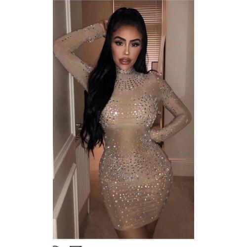 Top Quality Celebrity Khaki Long Sleeve Shining Rayon Bandage Dress Cocktail Party Sexy Dress