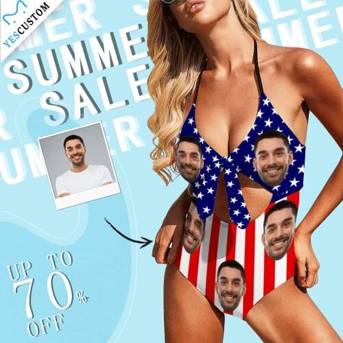 YesCustom Face Flag Womens Backless Bow One Piece Female Sexy Swimsuit Photo Printed Padded Push Up Bra Bandage Bathing Suit