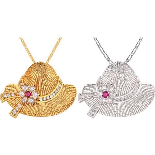 New Cute Crystal Womens Sun Hat Pendant Necklace Bowknot With Pin Charm Gold Color Link Chain For Women CZ Chic Jewelry GP2477
