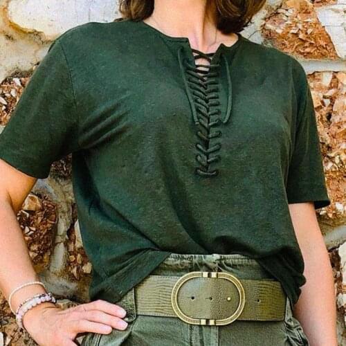 Femme T shirt Round Neck Bandage Short Sleeve Lacet Patchwork Elegant Loose Vert Tee Shirt Retro Chic lin à Elegant t-shirts Top