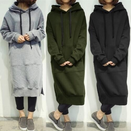 Womens Casual Loose Long Hoodies Autumn Solid Color Sweatshirt Hooded Sweatshirt Dress
