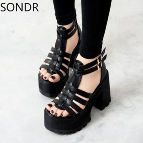 Gothic Buckle Roman Punk Gladiator Womens Chunky Heels Platform Strap Buckle Open Toe Sandals Shoes Black P04