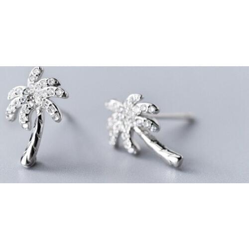 Authentic 100% 925 Sterling Silver Coconut Tree Clear CZ Stud Earrings for Women Sterling Silver Jewelry Brincos