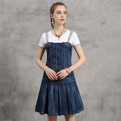 Summer Spaghetti Strap Patchwork Dress 2020 Vintage Denim Women Dress Embroidery Draped Dresses Female Single Breasted Vestidos