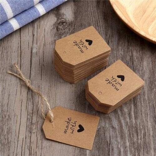 100pcs Made with Love Sign Paper Kraft Paper Tags Head Label Luggage Wedding Party Note DIY Blank Price Hang tag Kraft Gift Hang