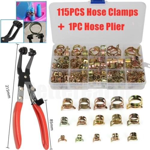 115PCS 6-22mm Car & Truck Spring Clips Fuel Oil Water Hose Clip Pipe Tube Clamp Fastener + 1PC Hose Clamp Pliers