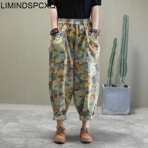 2021 Fashion Spring Ladies Clothing Loose Floral Jeans Womens Casual Printed Denim Trousers Female Vintage Harem Pants Plus Size