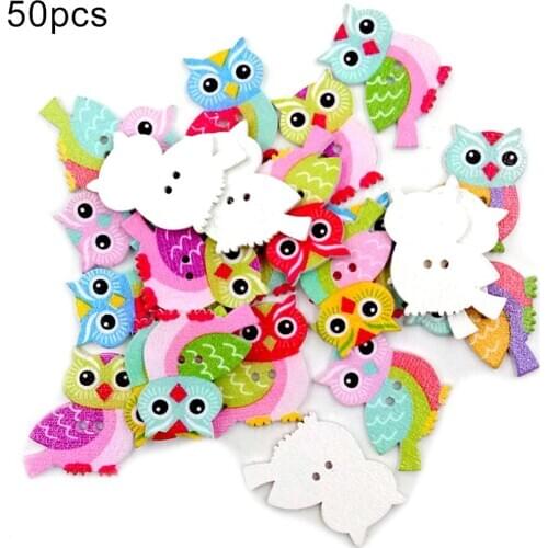 50Pcs Owl Shape 2 Holes Mixed Color Wooden Buttons DIY Craft Clothes Buttons Sewing Accessory Scrapbooking Decoration