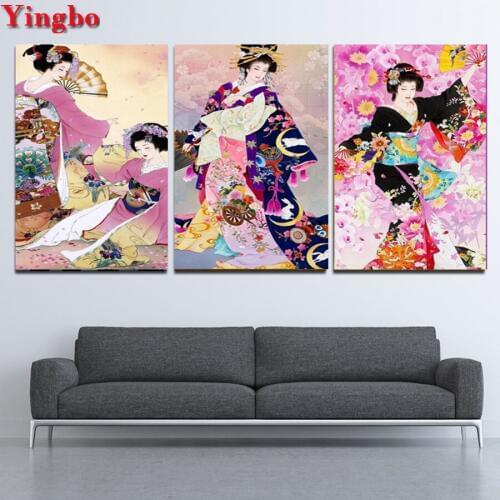 Diy 5D Diamond Mosaic Japanese woman geisha Diamond Painting Cross Stitch 3 pcs/set square round Diamond Embroidery Handmade