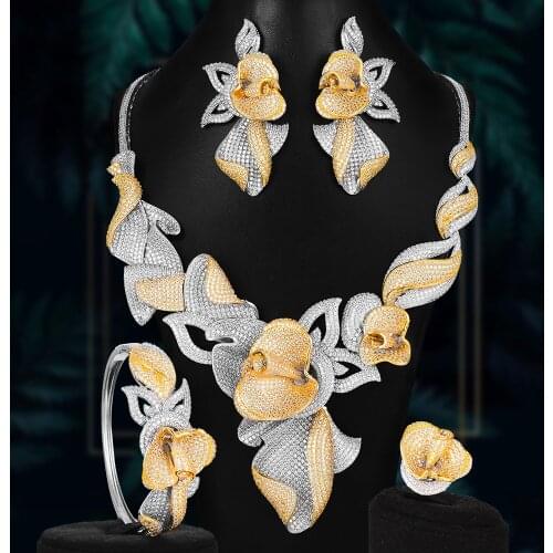 Brand 4PCS Luxury Bicolor 3D Flowers Statement Choker Jewelry set For Women Wedding African Cubic Zircon CZ Dubai Bridal Jewelry