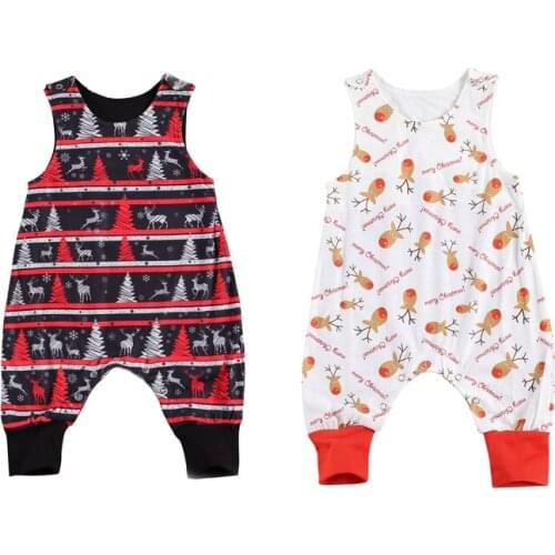 0-24M Christmas Infant Baby Girls Boys Romper Cartoon Print Sleeveless Button Jumpsuits One Piece