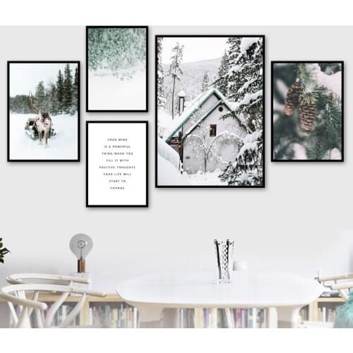 Deer Pine Forest Snow Scenery Winter Landscape Nordic Canvas Paintings Wall Posters Decorative Pictures For Living Room Decor