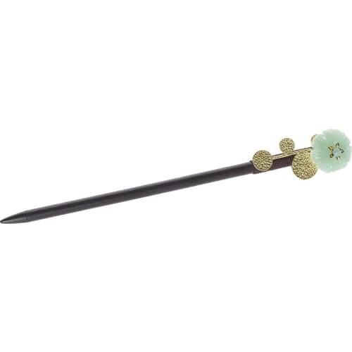 China vintage Natural jade green stone wooden kimono hairpin court hanfu hair sticks accessories pan head tools bagpack