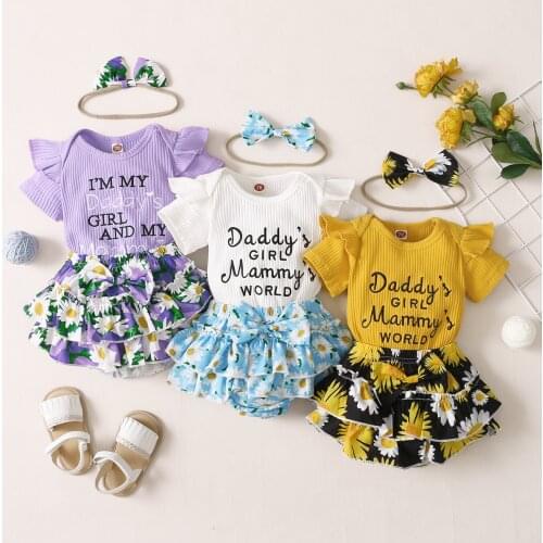 FOCUSNORM 3 Colors Newborn Baby Girls Clothes Sets 3pcs Letter Ruffles Short Sleeve Romper Floral Shorts Headband