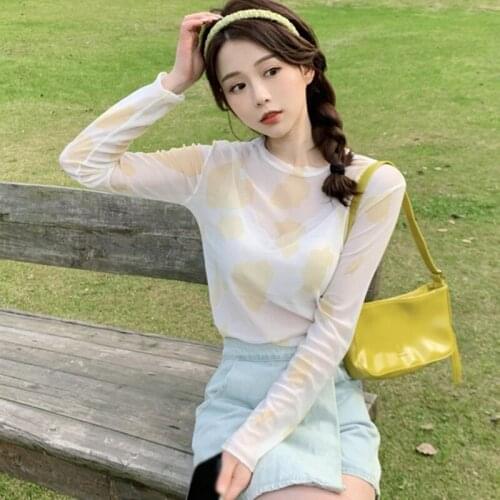 Summer T-Shirt Korean Style Fashion Net Long-Sleeved Red Fresh All-Match Inside Wear Mesh Thin Sunscreen Top