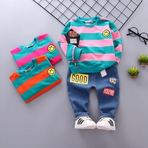 New Fashion Kids Clothes Girls 2pcs Set Cotton Colorful Striped Long Sleeve Sweater Tops+letter Jeans Baby Gilr Clothes 0-24M