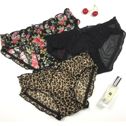 New womens panties bowknot breathable mesh lace-trimmed panties watercolor leopard print panties