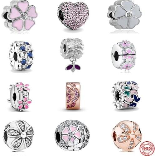 New Fine Flower Positioning Buckle Clip Pendant Charm Bead Fit Pandora Original Sterling Silver 925 Bracelet For Jewelry Gift
