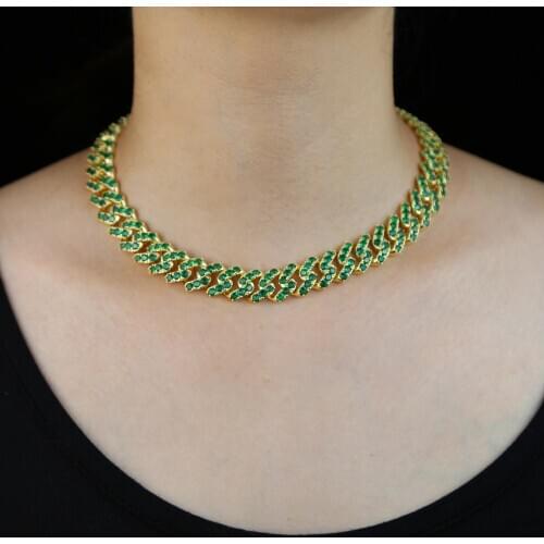 Iced out women colorful choker necklace with cuban chain pave green cz statement necklace for women wedding hip hop jewelry