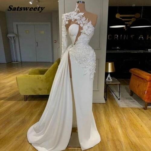 High Slit Mermaid Evening Dresses One Long Sleeves Appliques Lace Prom Gowns Soft Satin Women Special Occasion Dresses