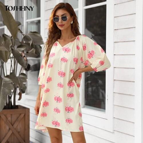 Tosheiny 2021 Woman Mini Summer Dress Floral Print V Neck Dresses Cami Short Loose Vestidos Holiday Casual Homewear Clothes