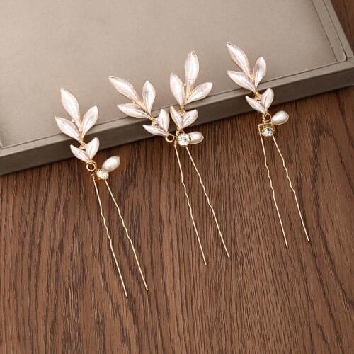 FORSEVEN Simple Leaf Crystal Pearls U Shaped Metal Hairpins Clips Bride Noiva Wedding Veil Hair Forks Sticks Jewelry Accessories