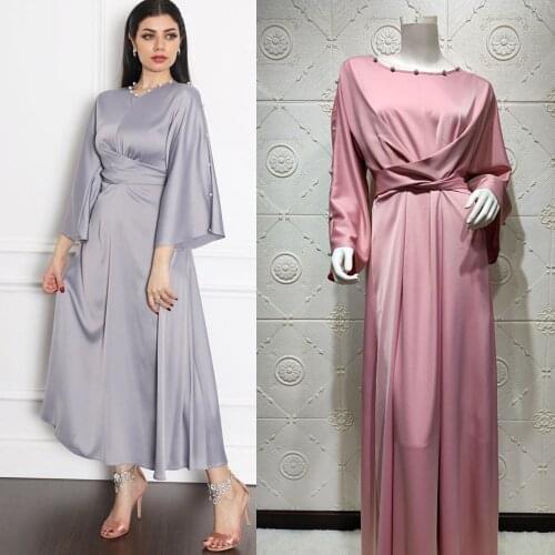Dubai Kaftan Elegant Long Dress Party Evening Ladies Muslim Abaya Beading Satin Islamic Clothing Ramadan Turkish Middle East New