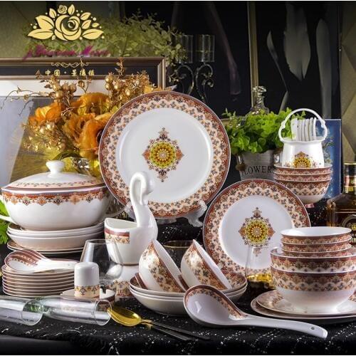 Jingdezhen high grade ceramic dishes European style palace golden border tableware SET luxury bowl plate household bone china